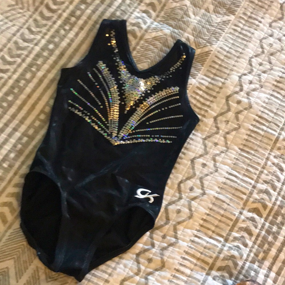 GK Elite gymnastics Leotard. Black metallic & Silver bling